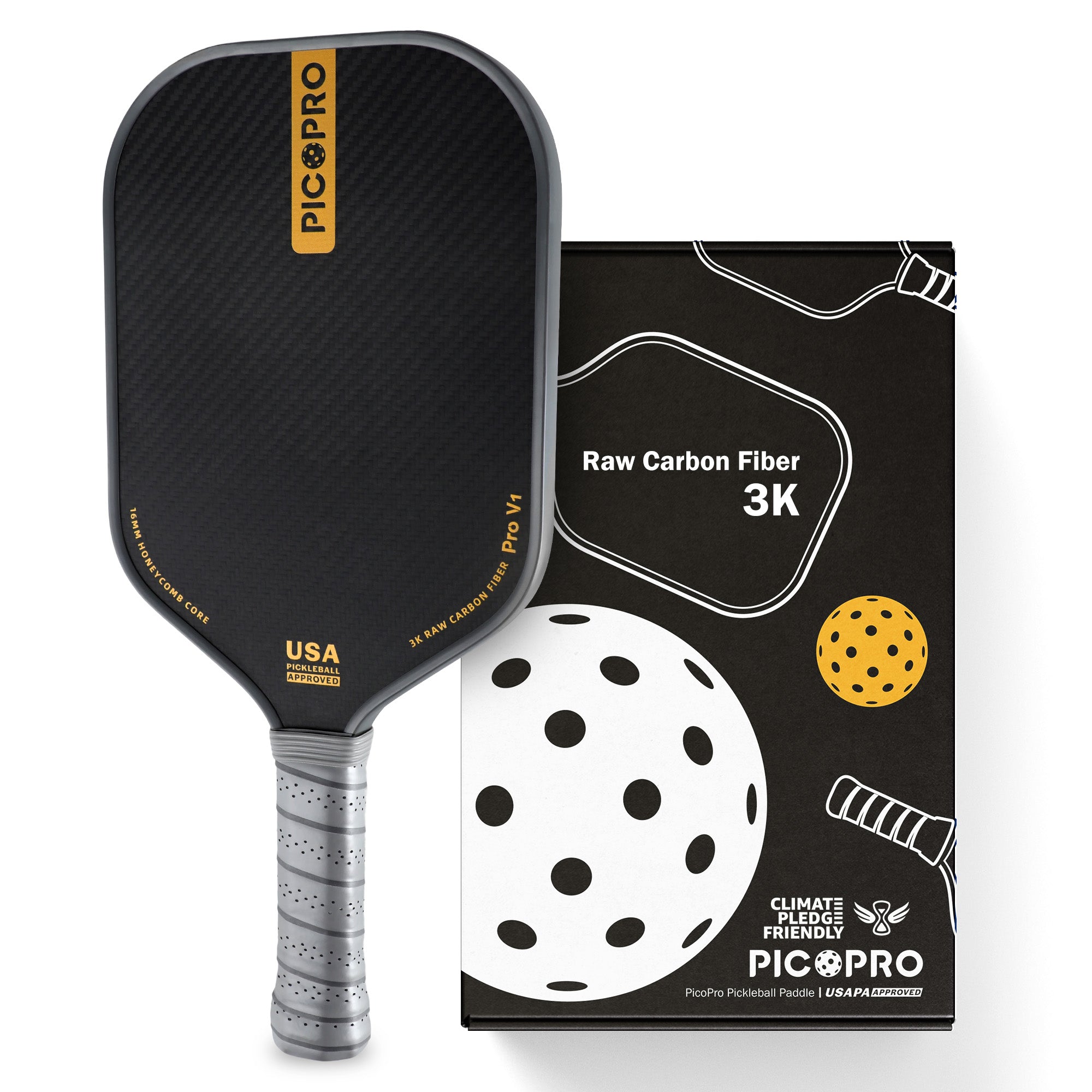 PicoPro Raw Carbon Fiber 3K Pickleball Paddle Black