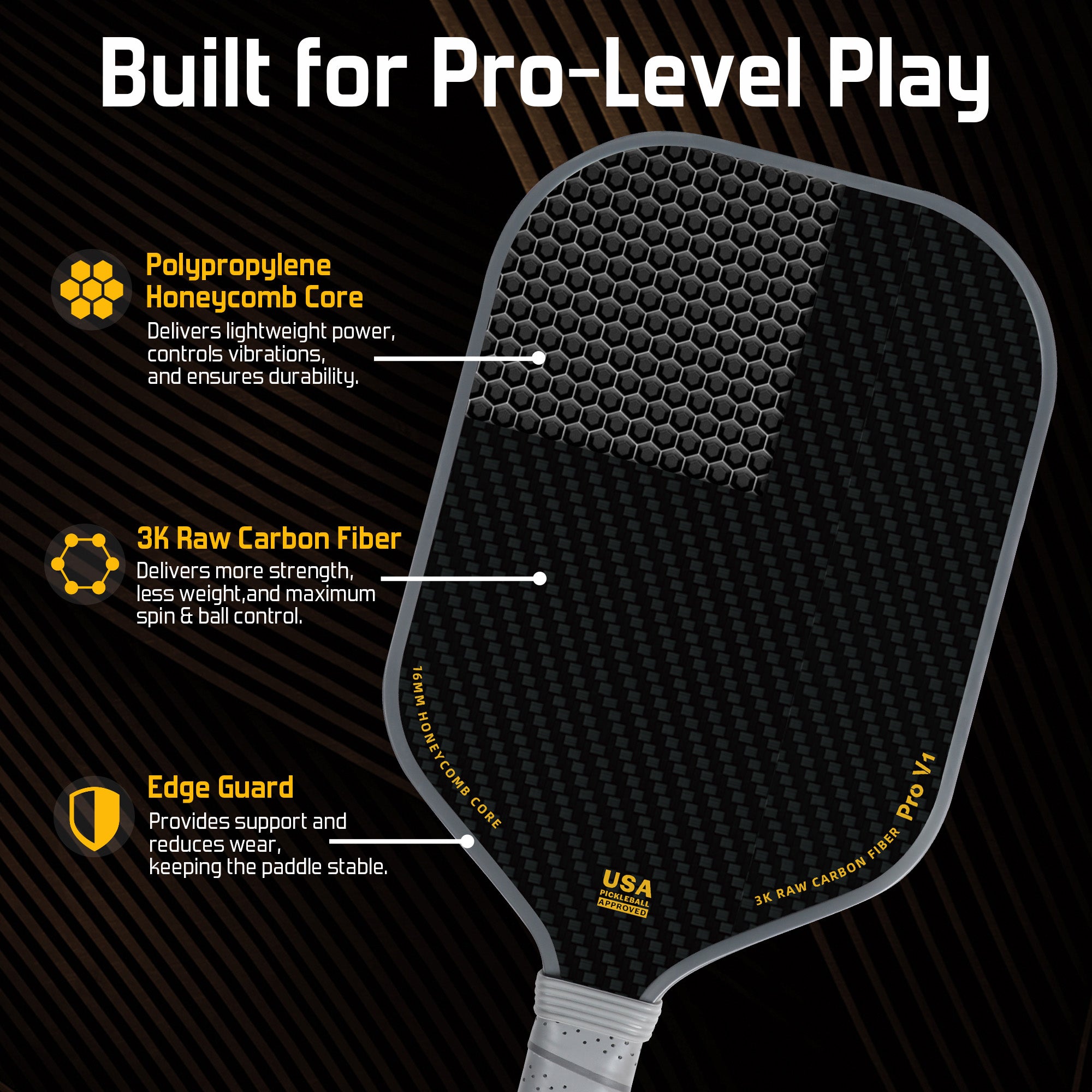 PicoPro Raw Carbon Fiber 3K Pickleball Paddle Black