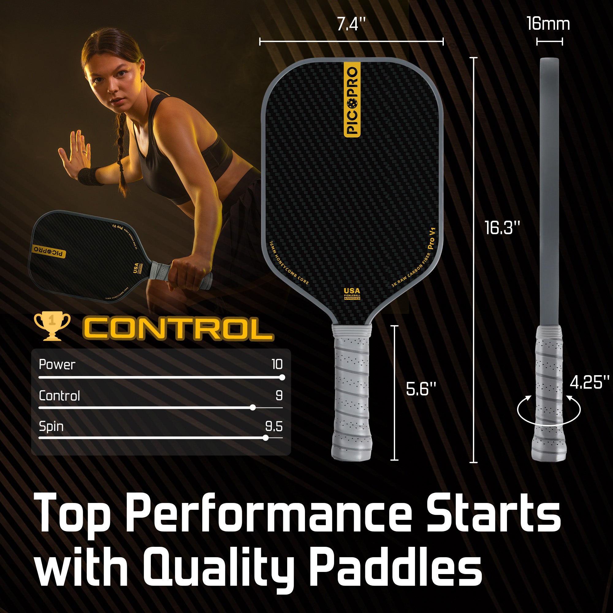 PicoPro Raw Carbon Fiber 3K Pickleball Paddle Black